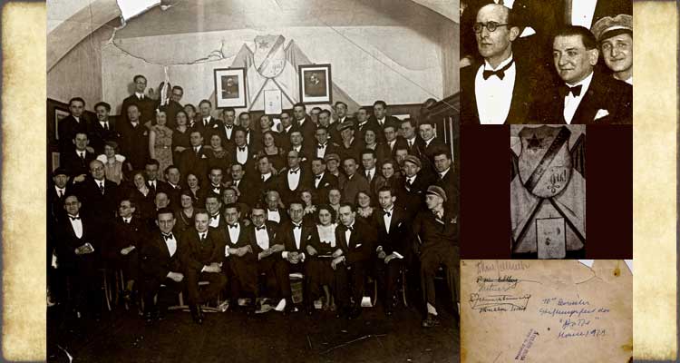 ABOVE LEFT: March 1929, Group photo of members of the Zionist and Jewish cultural fraternity "Die Lese - und Redehalle jüdischer Hochschüler in Wien" (translated as "The Reading and Lecture Hall [Association] of Jewish [University] Students in Vienna" and hereafter referred to as  the "Halle,") -- at the 70th Semester Commemoration/Celebration of its Founding.